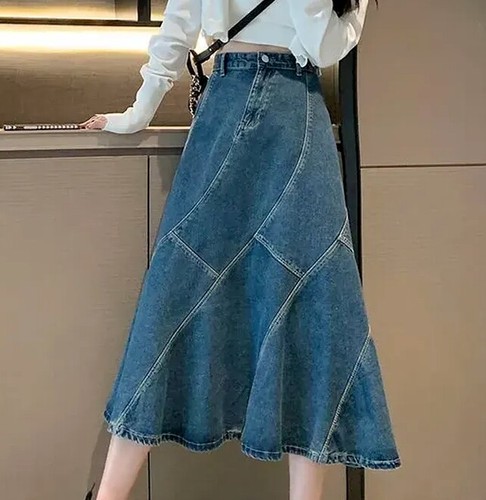 Women's Fashion Casual Loose Fit A Line Pleated Skirt Denim High Waist Skirt - Picture 3 of 4