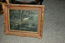 Powerful Antique   American Ducks on Pond    oil on Canvas    