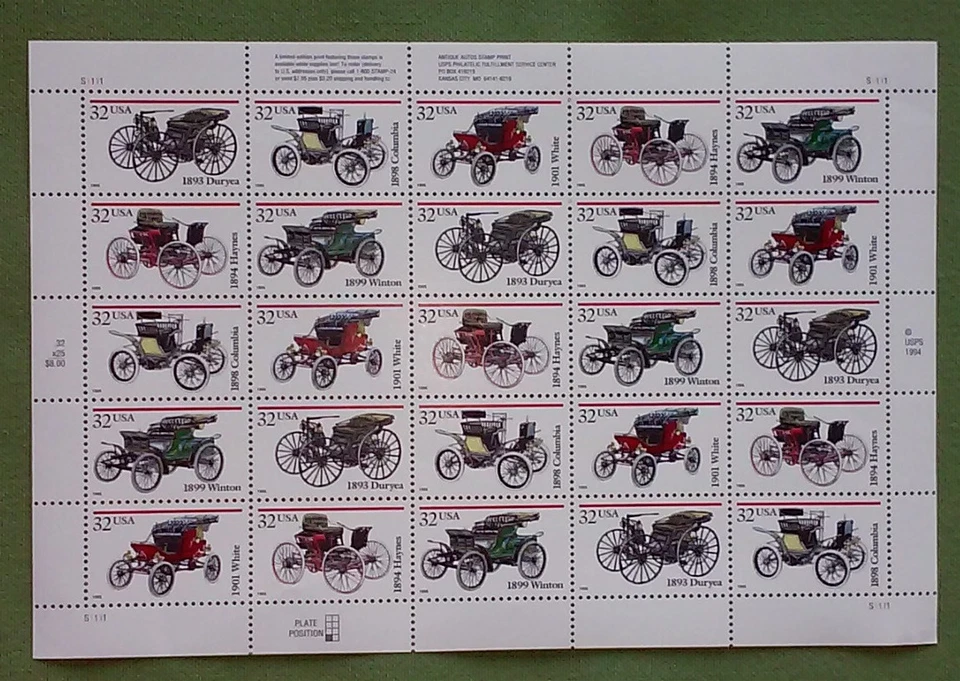 Two Souvenir Sheets x 25 = 50 ANTIQUE AUTOS 32¢ US Postage Stamps. # 3019-3023 - Image 4 of 4
