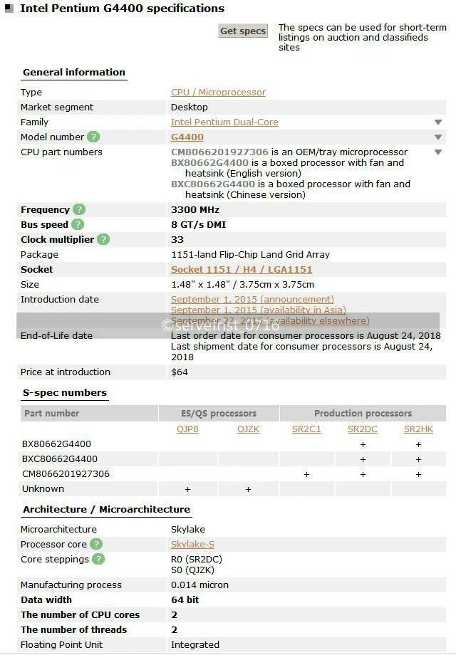 PC de escritorio CPU Intel Pentium G4400 g4400 procesador 3 MB 3,3 GHz LGA1151 doble núcleo Foto 3 de 4