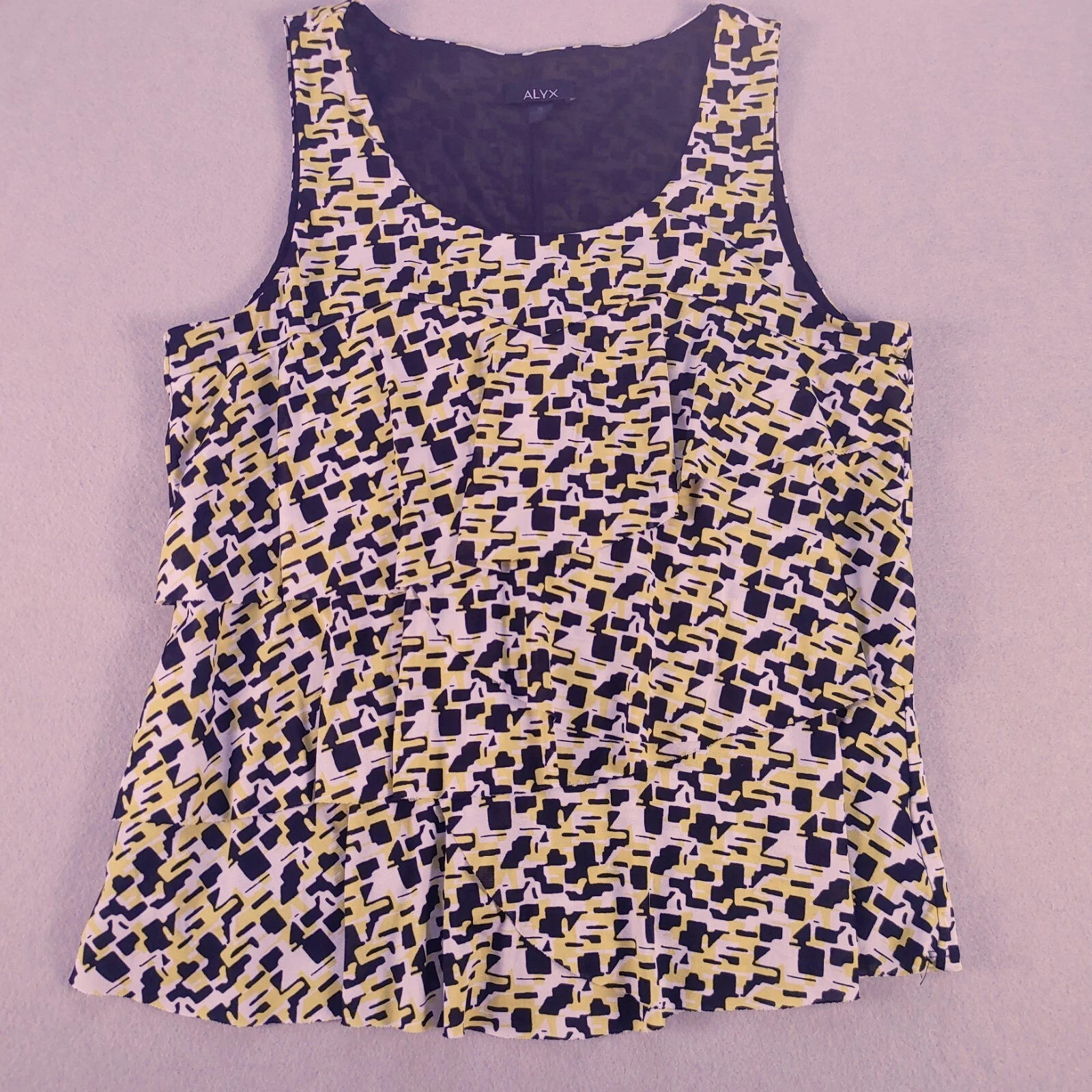 Canotta donna Alyx XL maglia trasparente a strati nera gialla stampa astratta audace