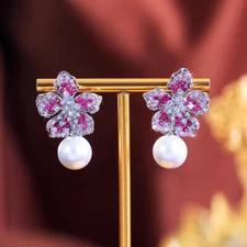 Cute Silver Plated CZ Flower Rose Red Pink Pearl Drop Dangle Earrings for Brides