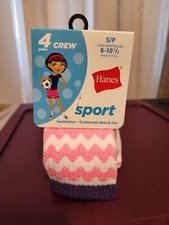 Hanes Sport Girls 4pack Crew Socks Sz S 6-10.5 Brand New W Tag Super Cute 