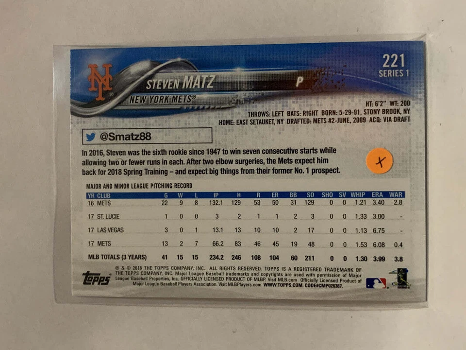 #221 Steven Matz New York Mets 2018 Topps Series One Baseball Card MLB - Image 2 of 2
