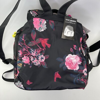 Steve Madden Floral Pink & Black Backpack Nylon/polyester Steve Madden Mini Nylon Backpack Purse, Black With Pink  main image 2