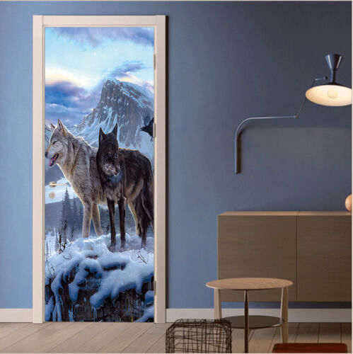 Snow Mountain Wolves Self-adhesive Door Stickers Door Murals Bedroom Decals  - Picture 1 of 5