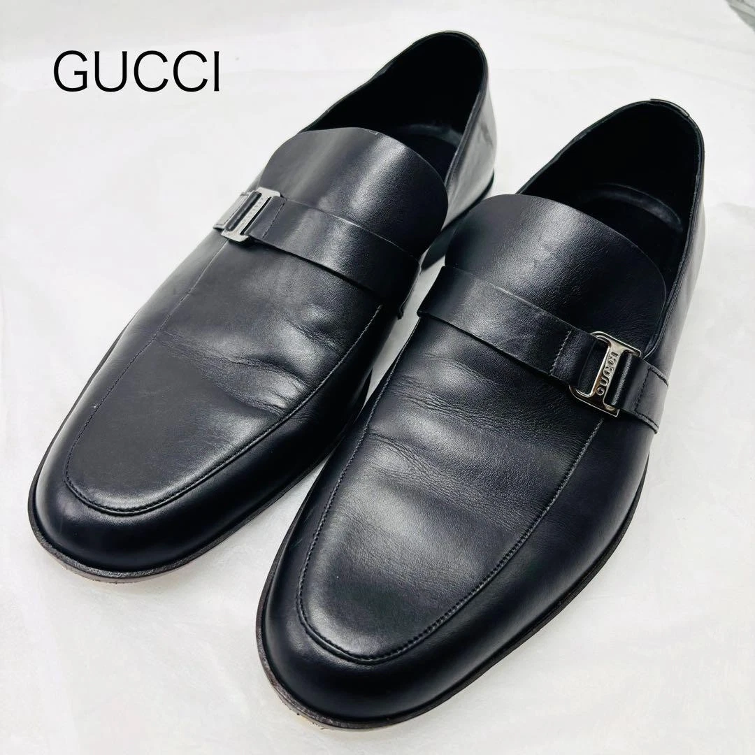 Mocassins homme GUCCI cuir véritable pièce plat taille 42 US8,5 noir logo simple