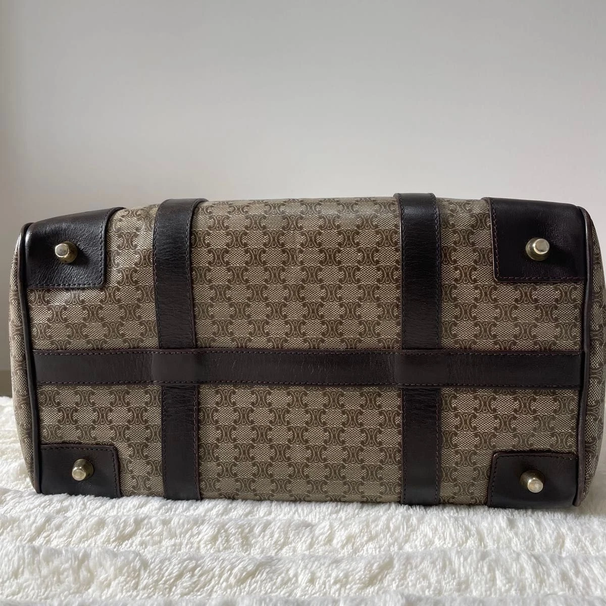 Borsa Celine Boston borsa a mano logo macadam PVC pelle marrone USATA originale #S1982