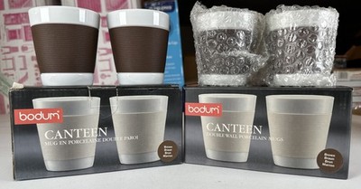 Set Of 4 Bodum Canteen Brown 3oz Double Wall Porcelain Mugs w/ Silicone Sleeve
