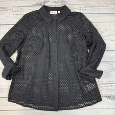 Denim & Co. Shirt Women Blouse Black Eyelet Mesh Sheer Button Front LS Large