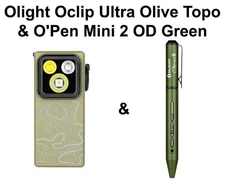 Olight Oclip Ultra Olive Topo Clip on light & OPen Mini 2 OD Green Pen
