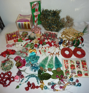Huge Lot of Vintage Christmas Craft Supplies Millinery Seals Glass Beads Figures
