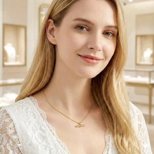 Source T-bar Pendant Necklace with 18ct Gold plated Diamond Cut Trace Chain