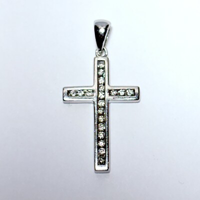 18K White Gold 0.17ctw Channel-Set Diamond 21mm Latin Cross Pendant 2.1g