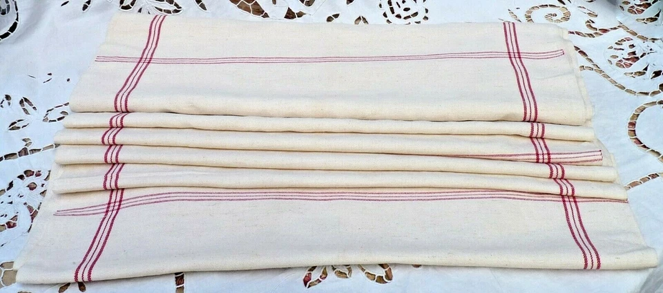 ANCIENNE TOILE de LIN LISERÉS ROUGES TOILE TORCHON de 3,50 m,  jamais utilisée - Photo 4/4