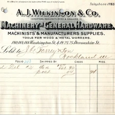 1894 A.J. Wilkinson & Co. Machinery Hardware Billhead Electrical Supplies Boston