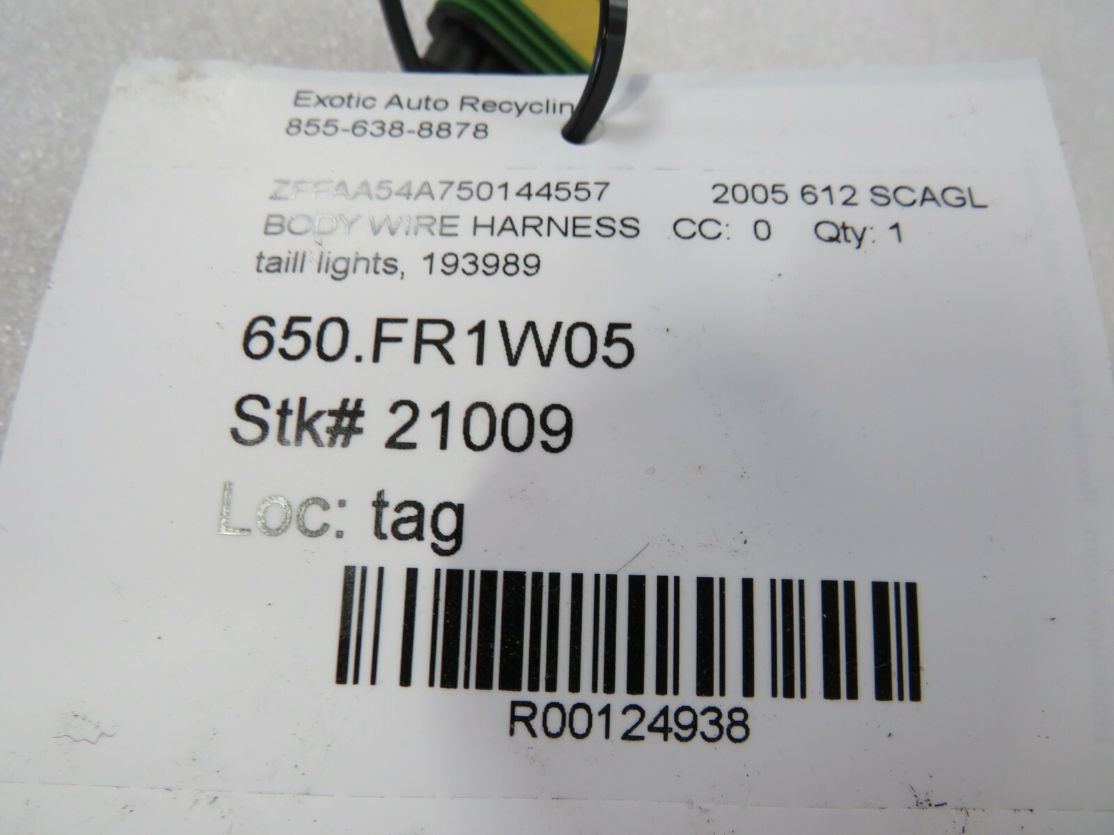 Ferrari 612 Scaglietti, Tail Light Wire Harness, Used, P/N 193989