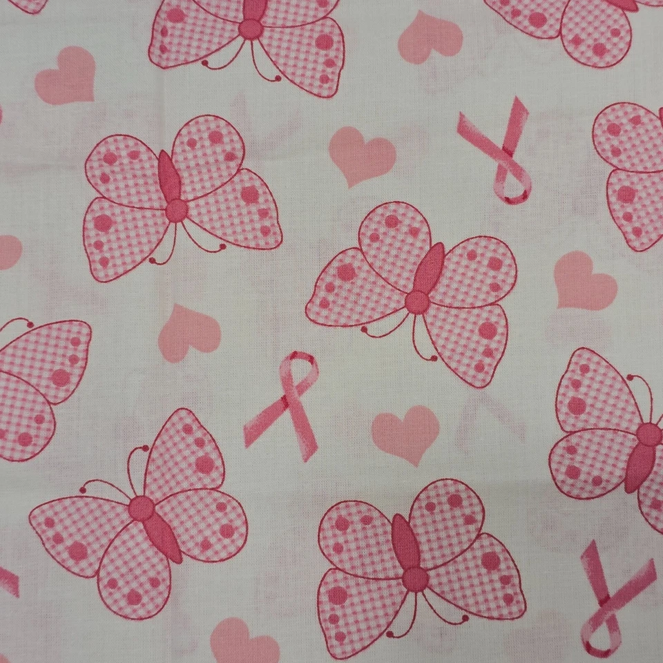 Cotton Fabric 18"x45" Pink Ribbon Breast Cancer Awareness Butterflies Hearts - Image 2 of 4