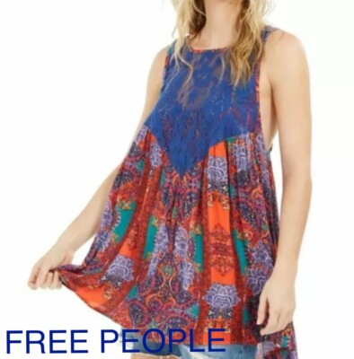 New FREE PEOPLE Women Count Me InTrapeze Multi Colors Blue Combo Top Shirt Small