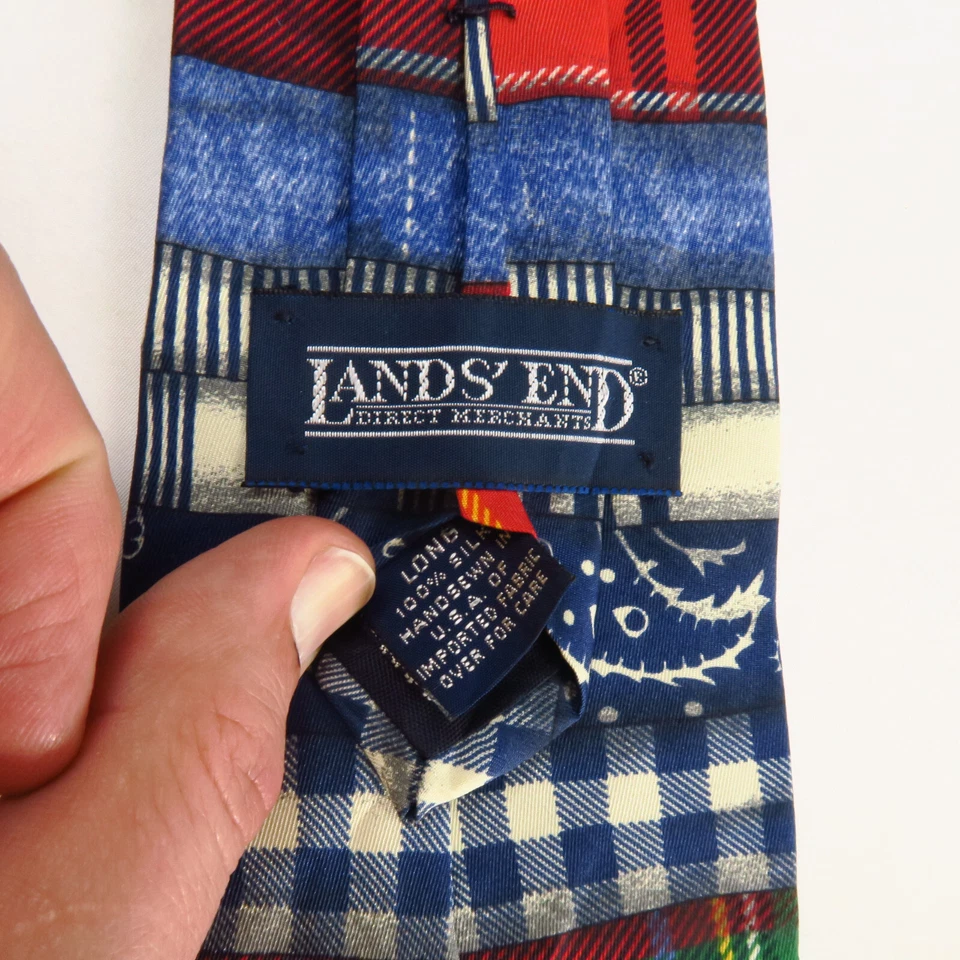 Lands End Mens Silk Neck Tie Plaid Button Up Shirt Patchwork Print USA 59x3.75 - Image 3 of 4