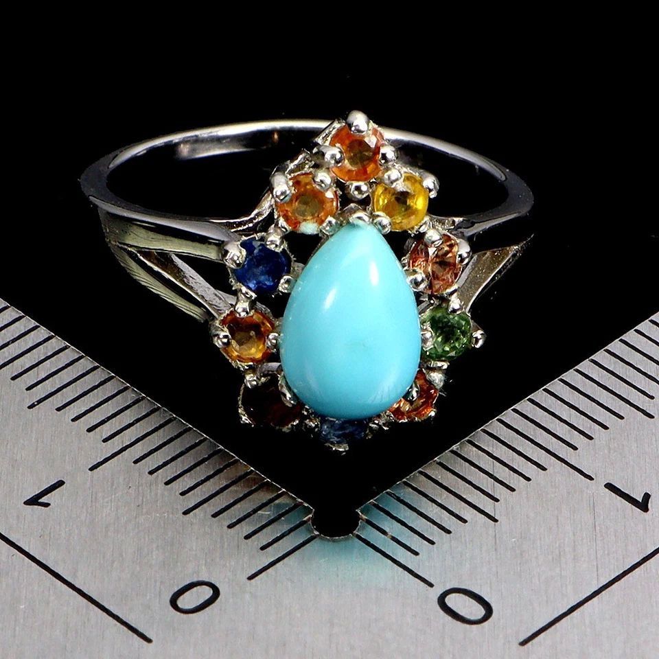 Anillo de plata de ley 925 pera turquesa 8x6 mm zafiro piedras preciosas joyería tamaño 8,5 Foto 3 de 4