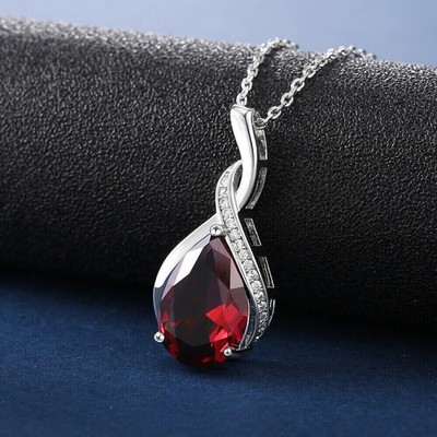 2.00Ct Pear Cut Lab Created Red Ruby Teardrop Pendant 14K White Gold Plated 18''