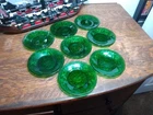 Set Of 8 Vtg Anchor Hocking Sandwich Glass Butter Pats Green Plates 4.5”