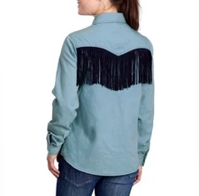 Roper Women’s Size Medium Light Blue Denim Fringe Long Sleeved Western Shirt NWT