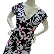 Soft Surroundings Tropical Floral Faux Wrap Midi Dress Black White Pink Small