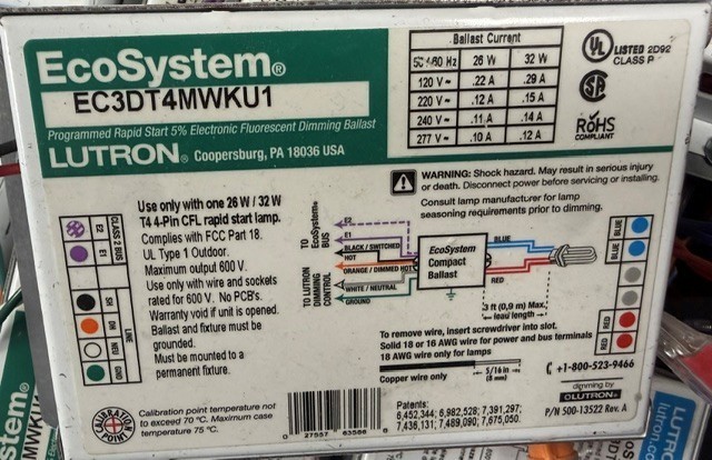 Lutron EcoSystem EC3DT4MWKU1S 26W/32W Fluorescent Dimming Ballast T4 4-Pin CFL