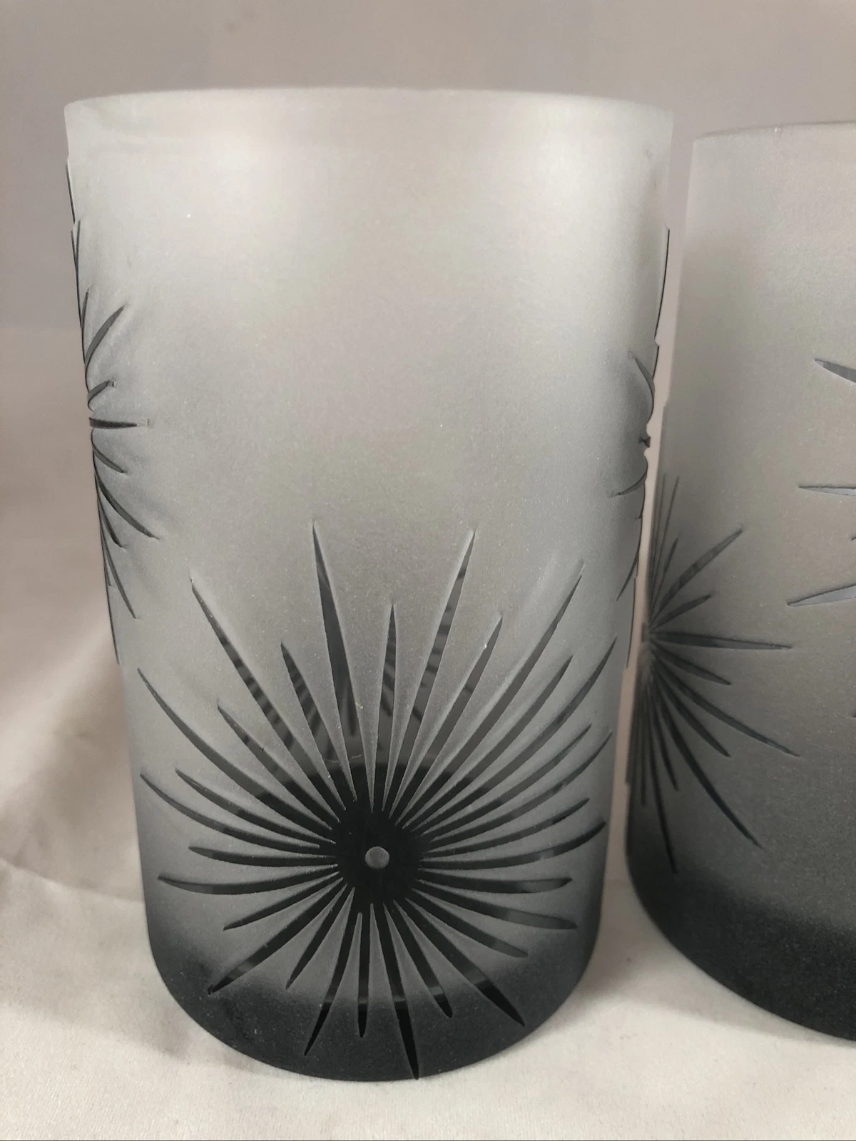 4 Vintage MCM Heavy Glasses Frosted Gray 5” Tumblers Atomic Starburst Sunburst