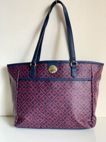 NEW! TOMMY HILFIGER RED BLUE MEDIUM SHOPPER SATCHEL TOTE BAG PURSE $89 SALE - Picture 1 of 6