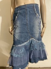 Blue Denim Beaded Embroider Lace Boho Asymmetric Casual Size L 8-10 Skirt 3297