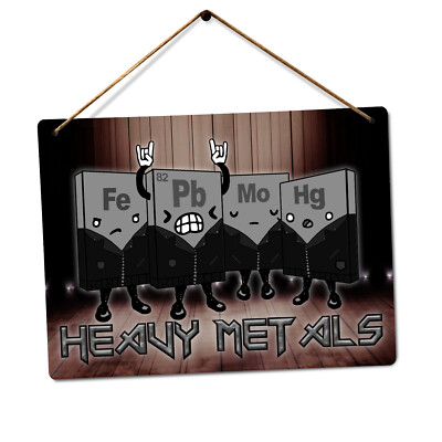 Metall Wandschild - Schwermetalle - Neuheit Musik Wortspiel Periodensymbole Tisch