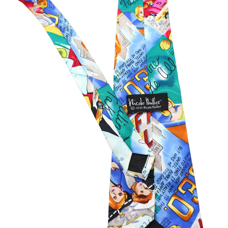 Corbata de cuello NICOLE MILLER 100 % seda vintage cosida a mano gráfico carril rápido multicolor Foto 3 de 3