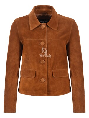 Damen Box Knöpfe hellbraun Wildleder Echt Leder Jacke Cropped klassischer Stil Jacke