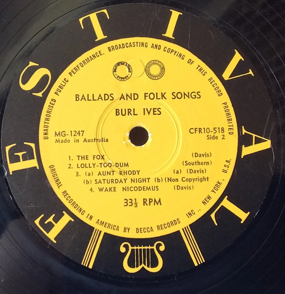 Burl Ives - SINGS BALLADS AND FOLK SONGS... FESTIVAL CFR10-518 AUS 10"LP RARE - Image 3 of 3