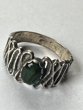 Tapered Sterling Marked Silver Swirly Band w Oval Abalone Stone Ring Size 9 -