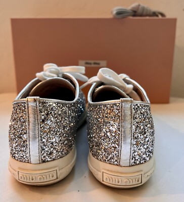 Miu Miu Women's Cap Toe Silver Flat Shoes Sneakers Lace Up Size
