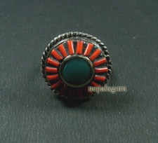 R05 Handmade sz 10.75 Turquoise Coral Resin Tibetan Silver Adjustable Ring Nepal