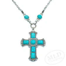 Women's Large Bohemian Turquoise Cross Pendant Necklace: Silver Alloy, 19" Chain