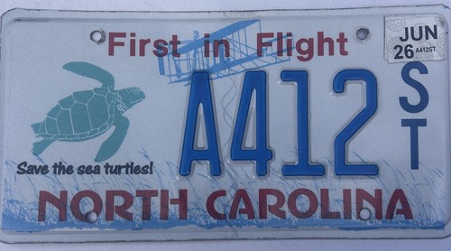 North Carolina License Plate A412ST Save the Sea Turtles Collectible