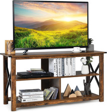 Stylish Brown TV Stand for 55" TV, X-Shaped Metal Frame Storage Shelf