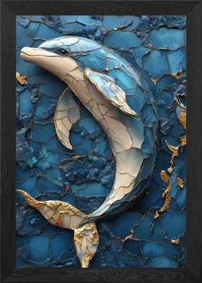 Blue and Gold Dolphin Art Framed Wall Art Poster Canvas Print Picture