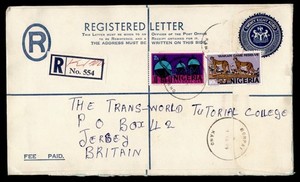 DR WHO 1979 NIGERIA UPRATED REGISTERED STATIONERY BOMPAI TO GB JERSEY R57623
