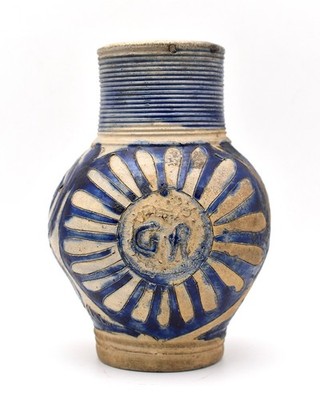 Antique 18thC German Westerwald Salt Glazed Stoneware GR Monogram Jug 15.5x10cm