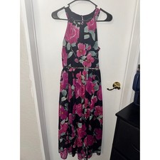ENFOCUS PETITE Black Floral Halter Maxi Dress Beaded Waist Size 4P