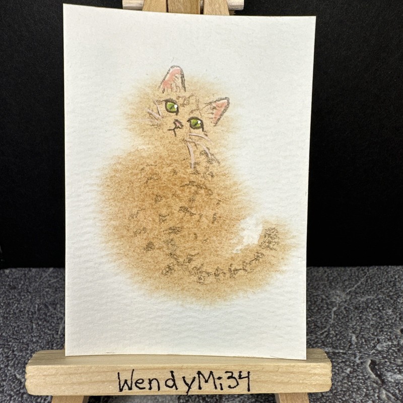 Original ACEO Watercolor Painting Fluffy Tiger Cat ATC Mini Art Card WendyMi34