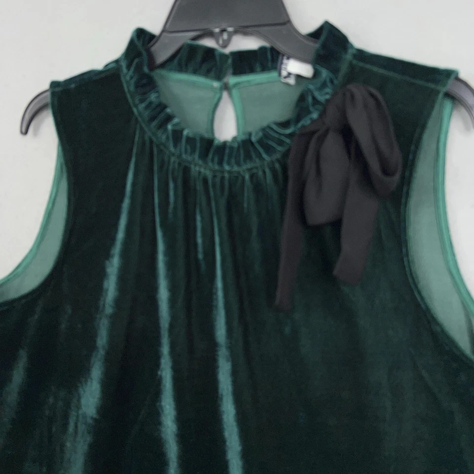 Blusa J Crew para mujer grande verde esmeralda terciopelo lazo cuello volantes top vacaciones mujer Foto 2 de 4
