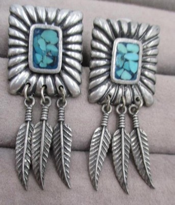 Vtg 1992 Signed Ege American Indian Sothwest Turquoise Earrings Dangle Feathers